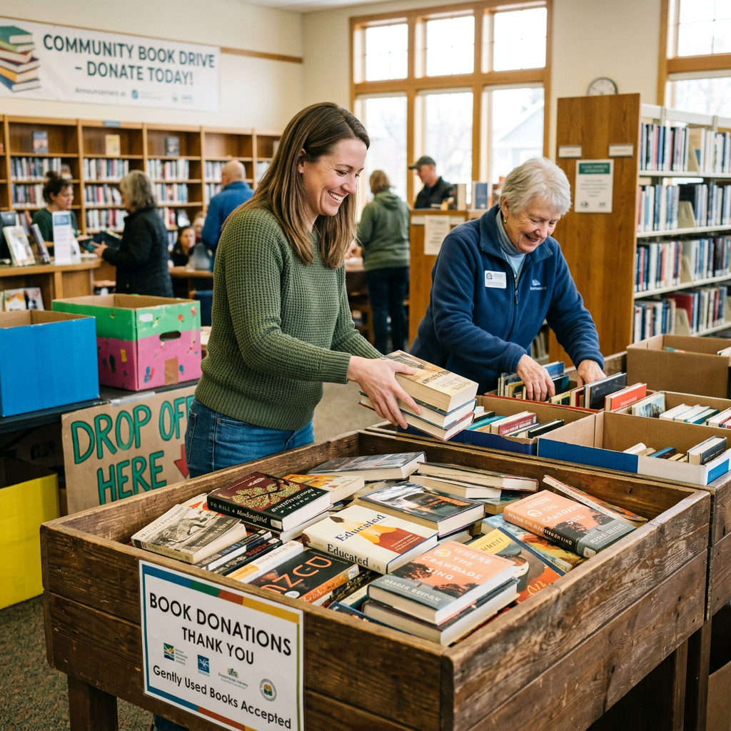 Volunteers sorting donated books at a library book drive